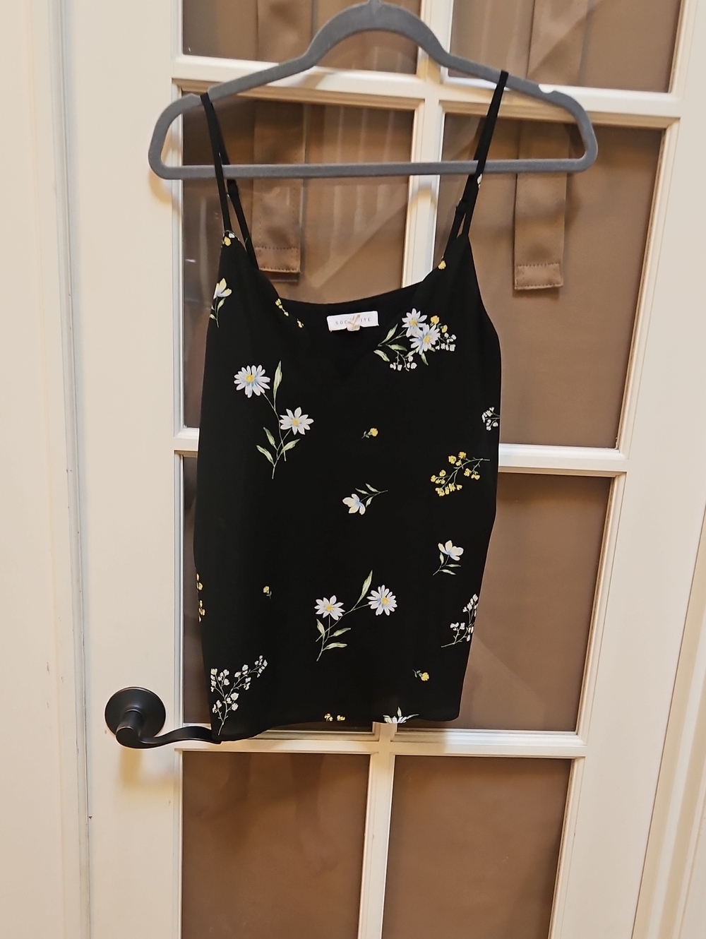 Socialite Black Camisole with White and Green Floral Detail